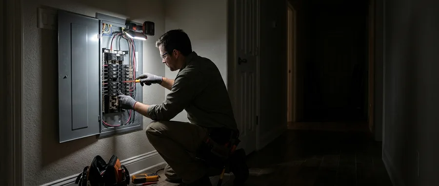 Night call: an electrician crouched at an open panel in a home hallway working by a clamp-on work light, breaker handles catching the light, the rest of the hallway dark, panel installed and connected, no other people in frame