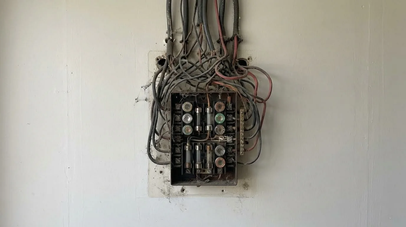 Before: An electrician in a Parker garage tightening a breaker inside a finished, energised 200-amp load centre with the deadfront off, conductors neatly dressed and the panel connected into the service run, late-afternoon side light, concrete floor, the lower-left of the frame open and shadowed