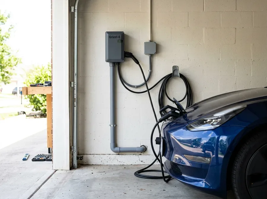 a wall-mounted EV charger installed and wired in a garage, conduit running neatly to the panel, a charging cable resting on its holster, no people, no text, no logos