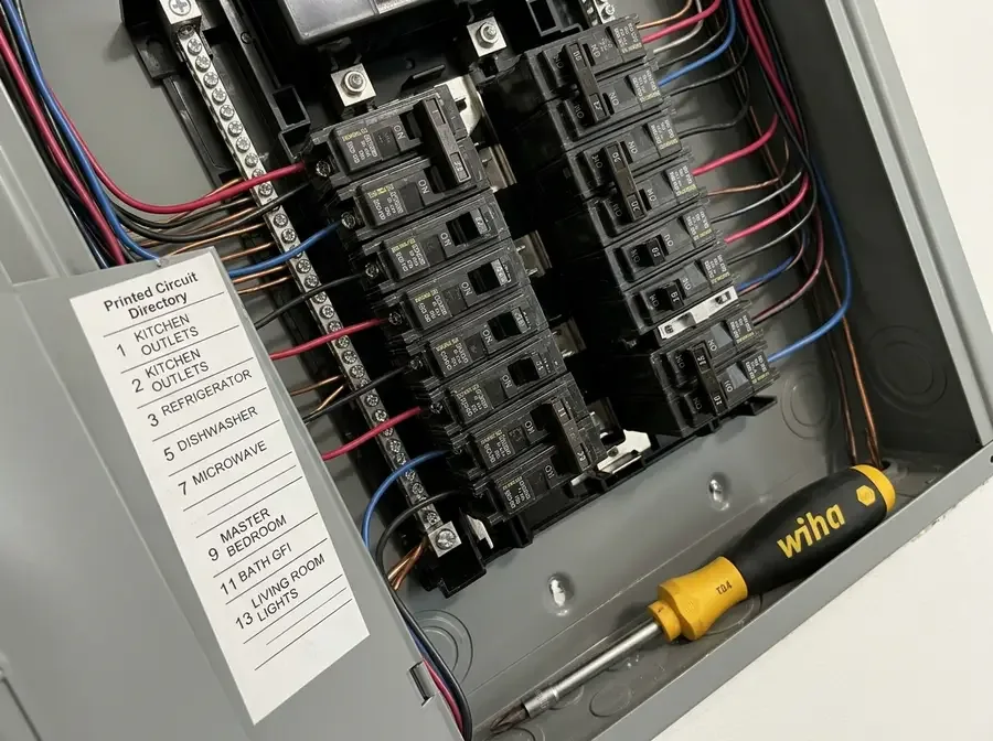 Interior of a newly installed 200-amp electrical panel, door open, two neat rows of labelled breakers and a printed circuit directory, no people, no text overlays, no logos